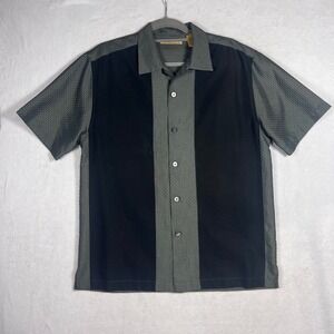 The Havanera Co Mens Medium Short Sleeve Button Down Shirt Black Gray Striped